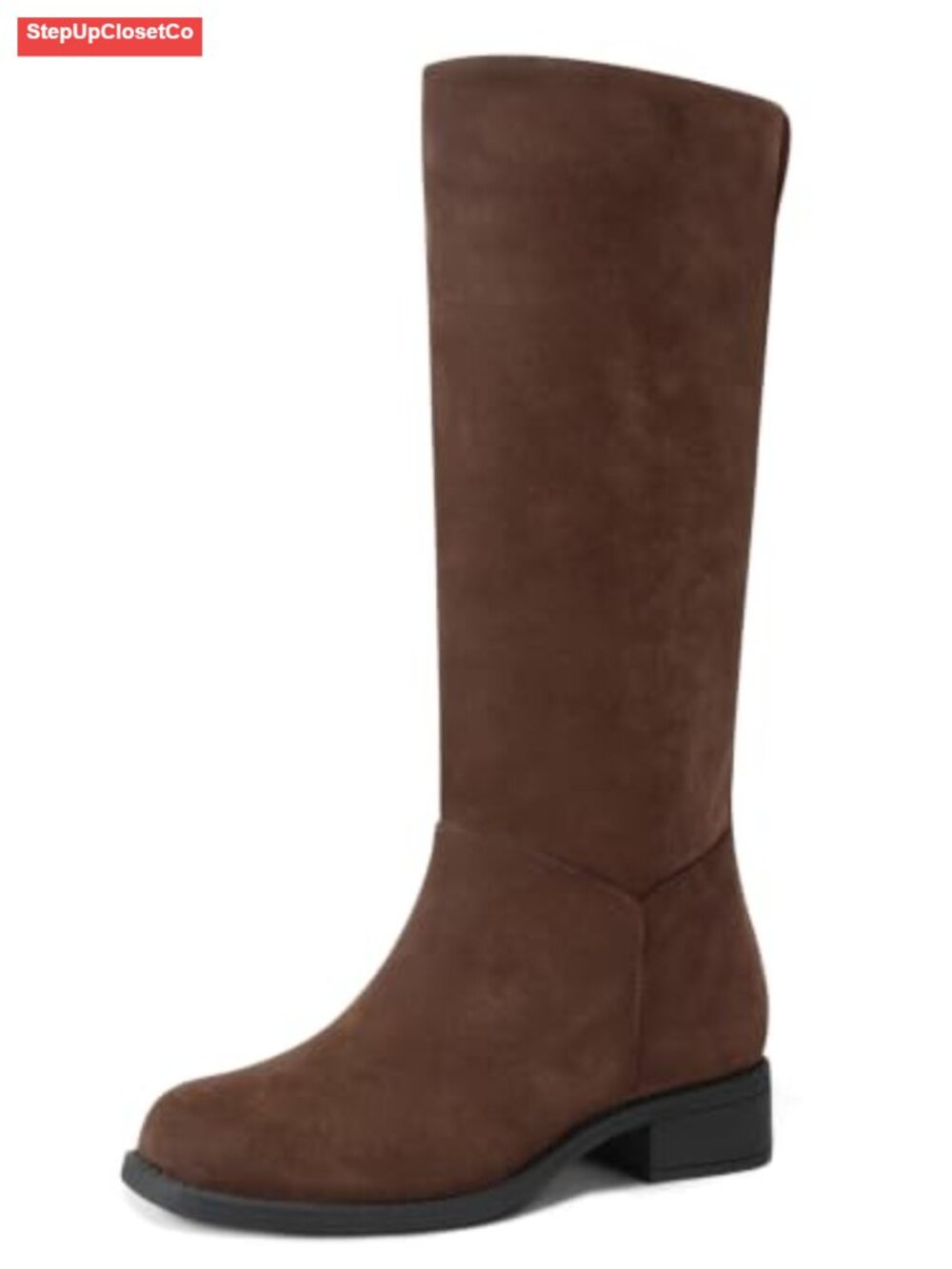 Square Toe Mid Calf Riding Boots Faux Suede Low Block Heel Pull On